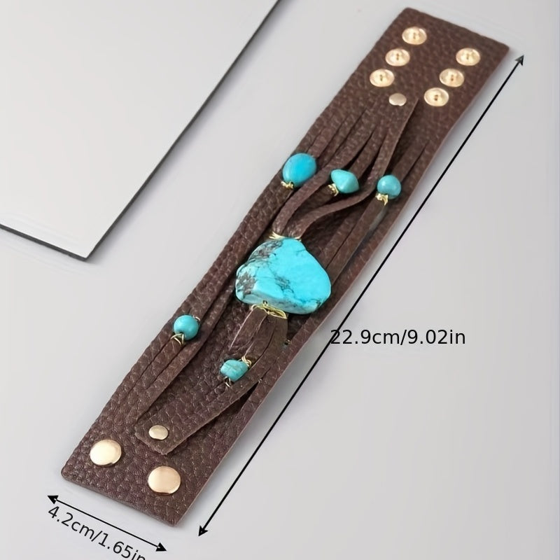 1pc Men's Trendy PU Leather Irregular Turquoise Multi-layer Boho Bracelet, Jewelry Gift For Men, Gift For Boyfriends/ Girlfriends