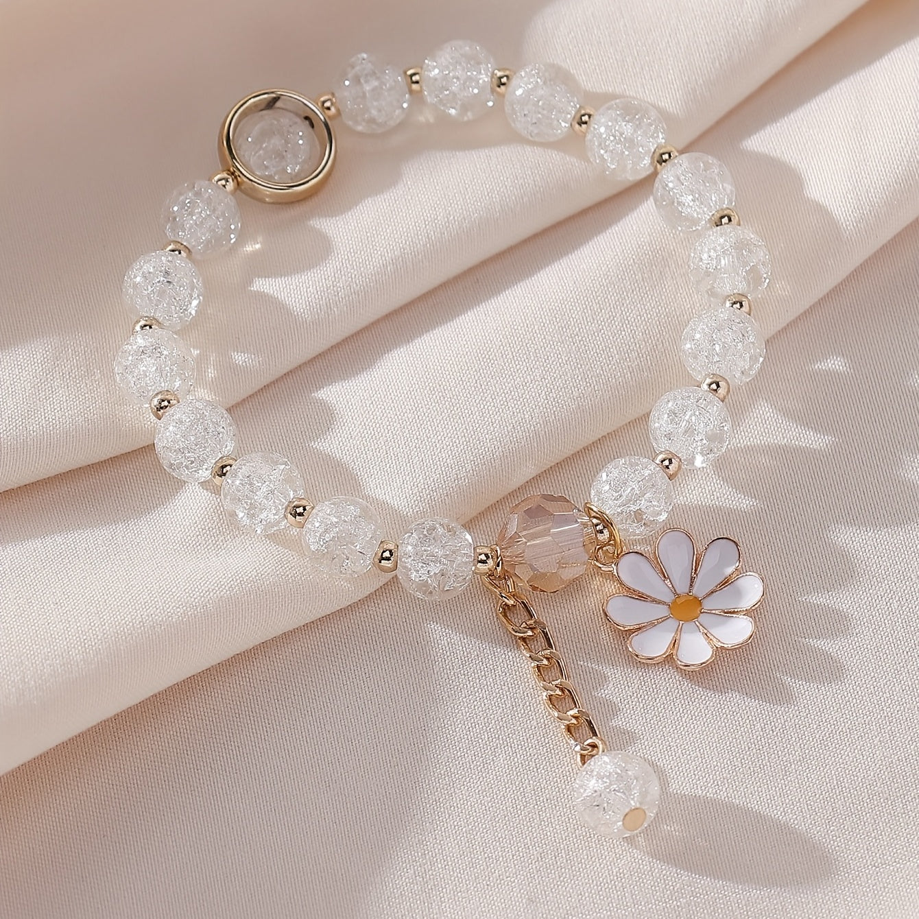 Summer Style Cracked Glass Beaded Daisy Pendant Bracelet Elastic Hand String For Women