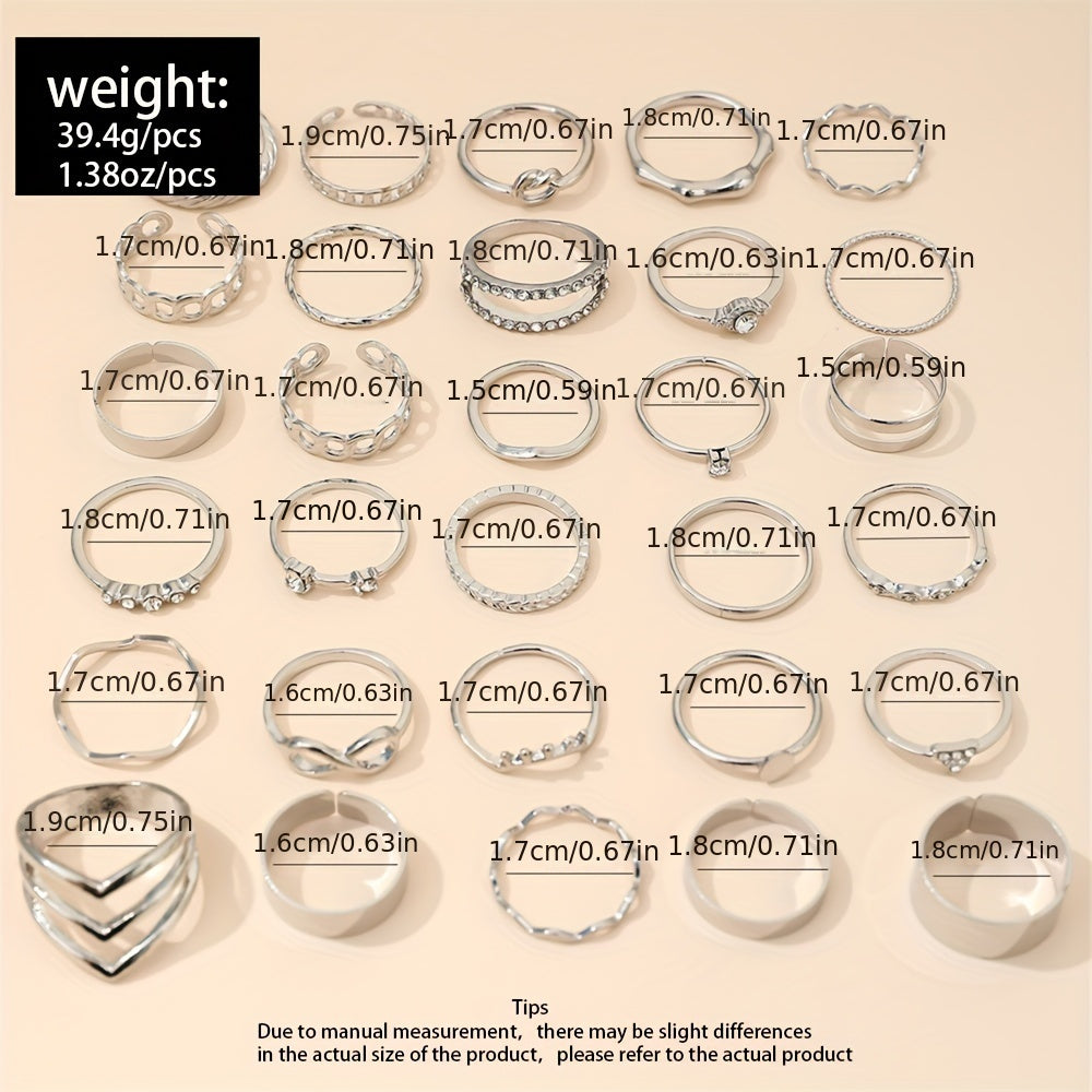 30pcs Hip Hop Style Stacking Rings Trendy Knot/ Chain/ Infinity Design Mix And Match For Daily Outfits Party Accessories Suitable For Men And Women