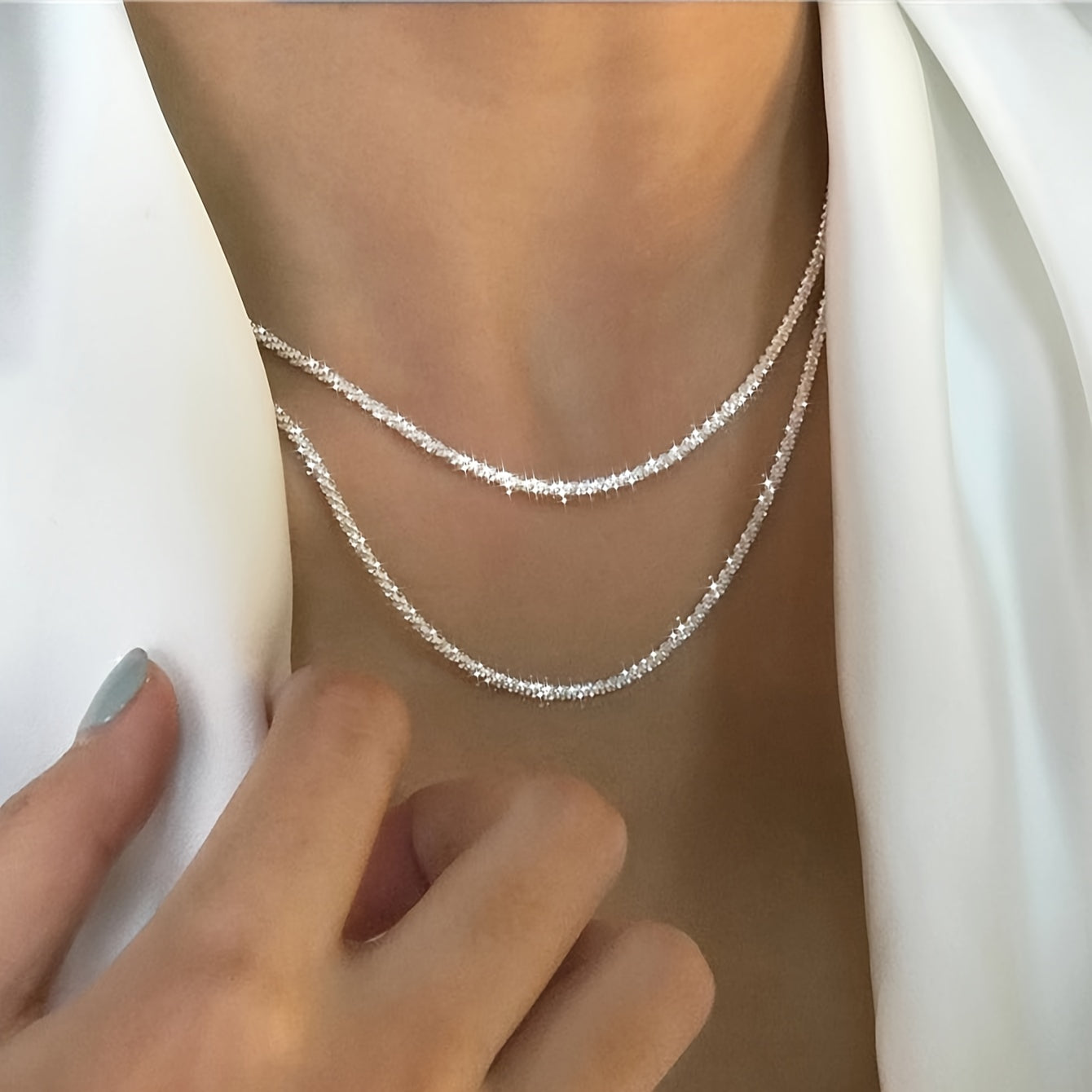 2pcs Elegant Sparkling Chain Necklaces, Luxury Bridal Wedding Jewelry, Silver Plated Copper, Perfect for Parties & Daily Wear, Ideal Valentine'S Day Gift, Versatile Necklace | Elegant Necklace | Delicate Desig