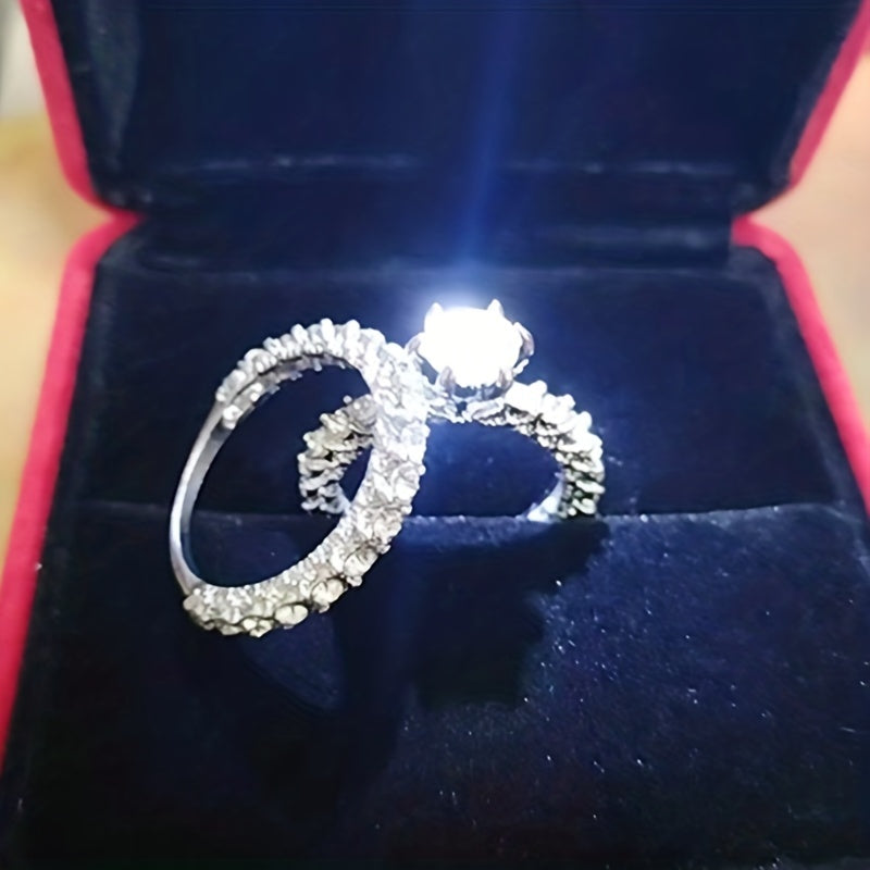 2pcs Shiny Beads Fashion Decor Engagement Rings, Couple Pair Party Wedding Ring Jewelry Gift