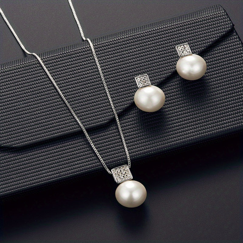 Fashionable Women'S Imitation Pearl Necklace And Earring Jewelry Set, Featuring a Simple Square Rhinestone Pendant And Stud Earrings, Perfect As a Two-Piece Accessory Gift for Birthdays, Parties, Celebrations, And Holidays, I