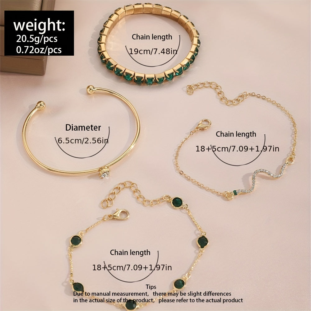 4pcs/set Elegant Green Rhinestone Snake Bracelet - Elastic Claw Chain Cuff Bangle
