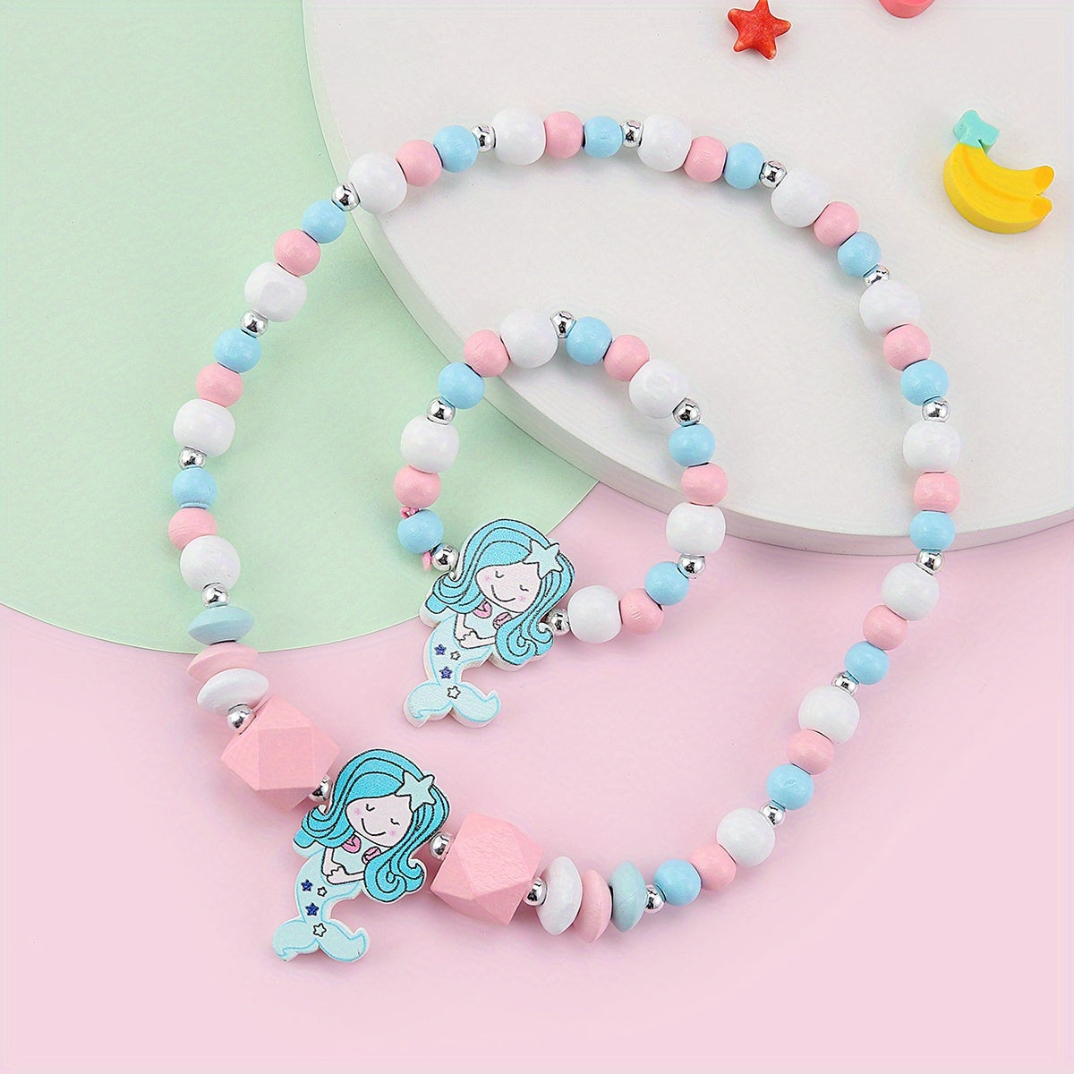 2pcs Creative Cute Cartoon Unicorn Mermaid Colorful Beaded Bracelet Necklace Set Decorative Accessories Holiday Birthday Gift For Girls