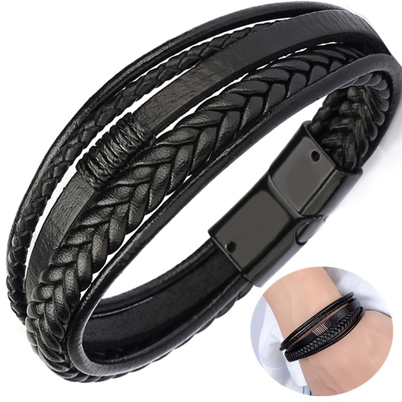 [Stylish Leather Bracelet] Stylish Durable 1pc Men's Hand-Woven Multi-Layer Leather Bracelet | with Buckle Closure, Versatile Accessory for Casual or Formal Wear