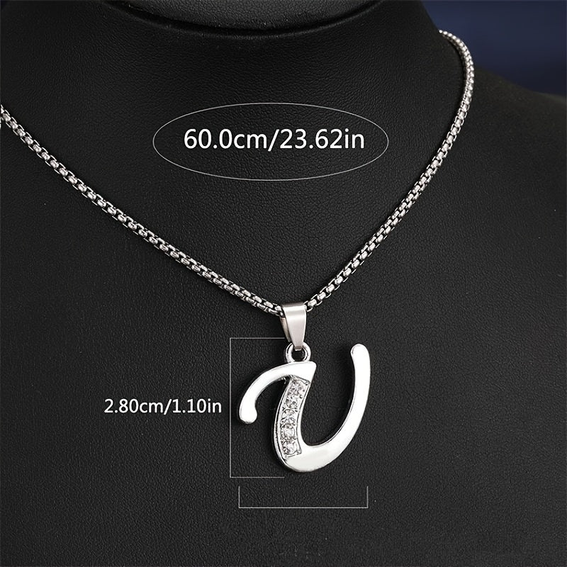 Elegant Silvery Alphabet Pendant Necklaces - "A" to "D" with Sparkling Stones, Stainless Steel, Perfect for Couples, Birthdays, and Holidays, Fashion Jewelry|Personalized Gift|Durable Chain, Name Necklace