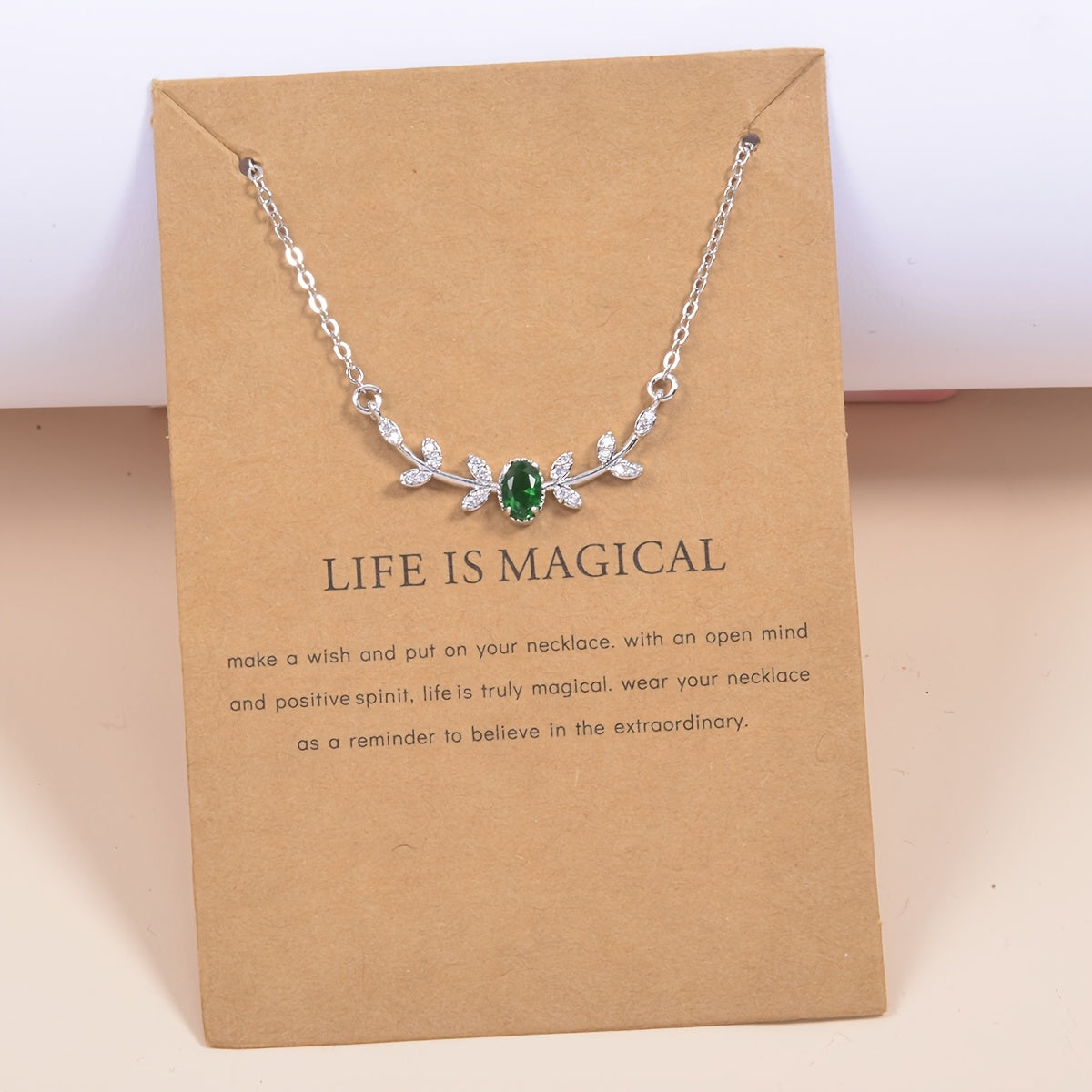 [Copper Leaf Necklace] Golden-Tone Copper Leaf & Branch Necklace with Cubic Zirconia | Elegant Design, Green Gemstone, Ideal Birthday Gift, Daily Wear Jewelry for Women