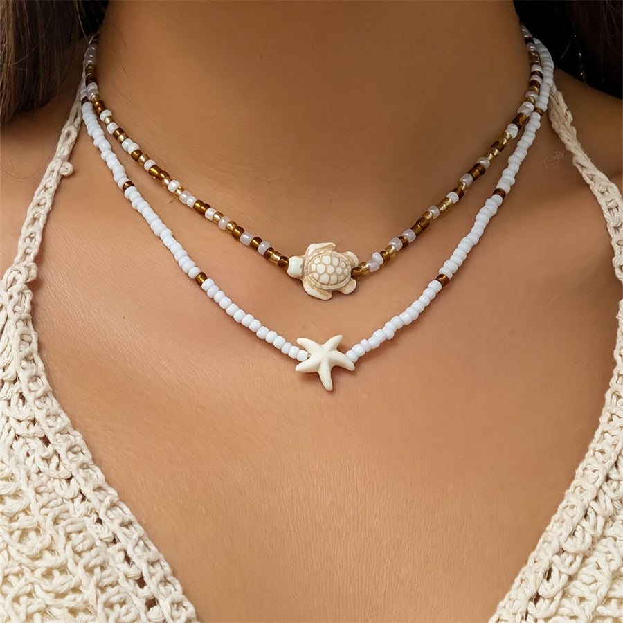 2pcs Starfish & Shell Pendant Necklaces for Girls - Ocean-Inspired Beaded Clavicle Chains, Perfect Beach Accessory