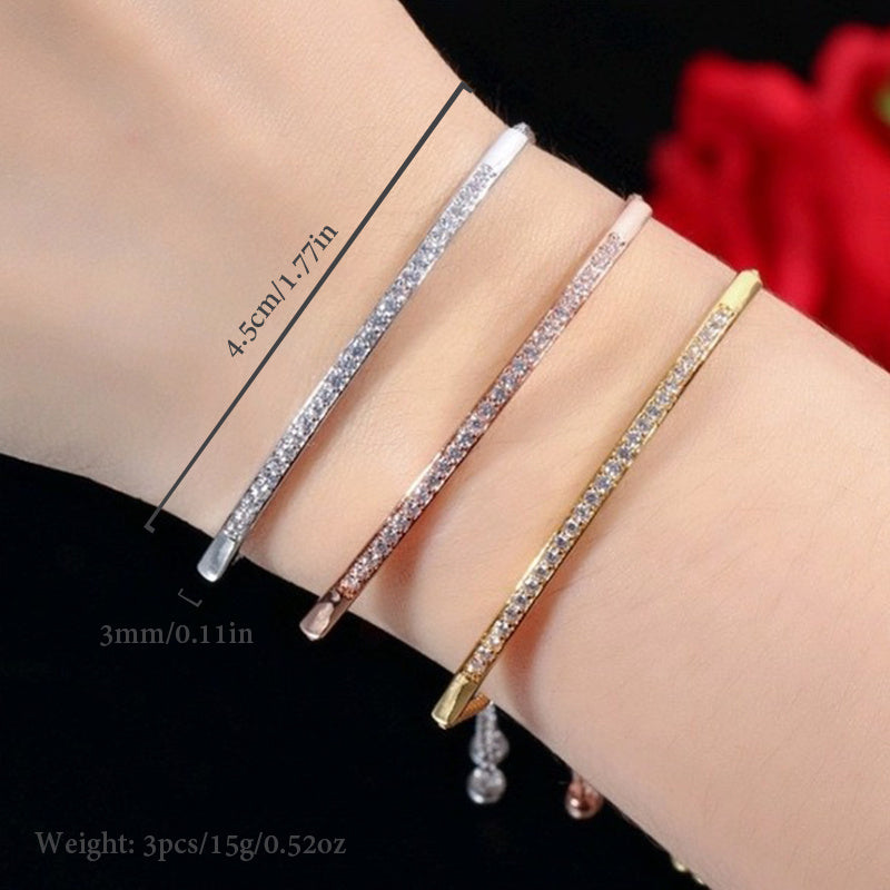 Elegant 3pcs Minimalist Women's Bracelet Set with Adjustable Silvery-Plated Cubic Zirconia - Perfect for Engagements, Weddings & Anniversaries