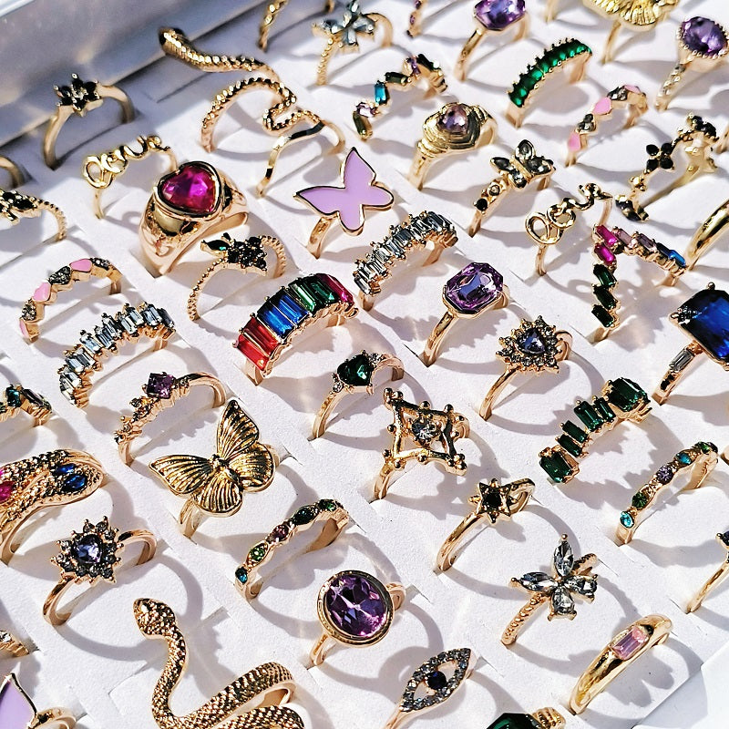 20Pcs/Lot Trendy Colorful Rings for Women Mix Design Luxury Rhinestone Butterfly Snake Finger Ring Jewelry
