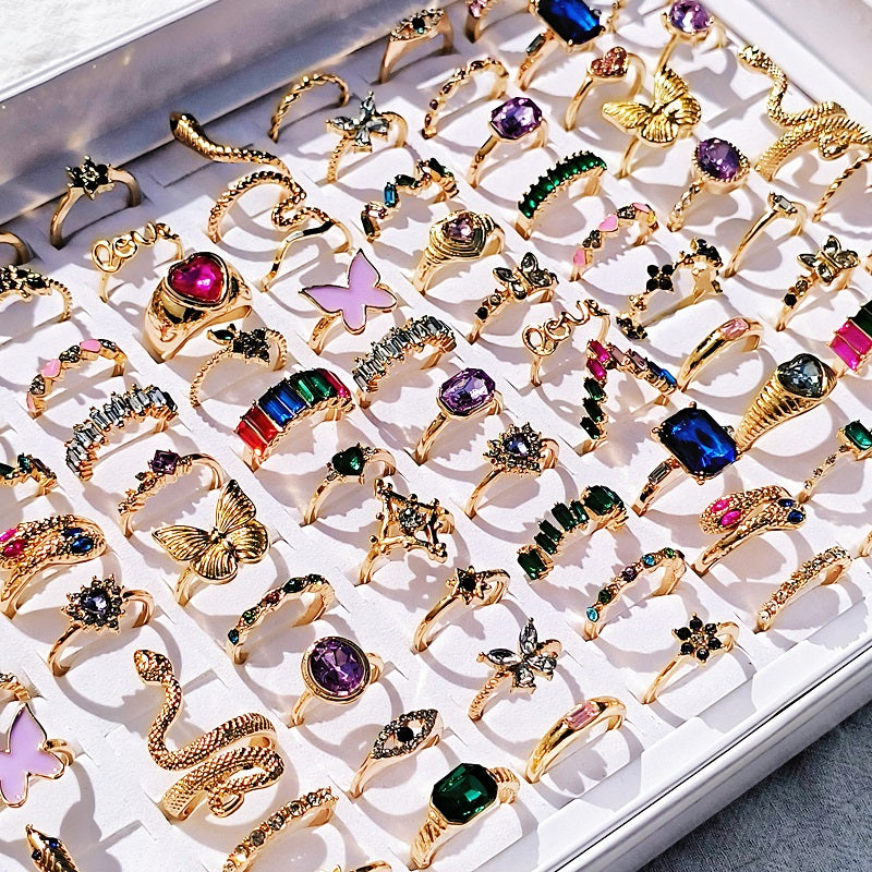 20Pcs/Lot Trendy Colorful Rings for Women Mix Design Luxury Rhinestone Butterfly Snake Finger Ring Jewelry