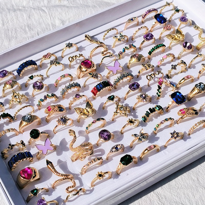 20Pcs/Lot Trendy Colorful Rings for Women Mix Design Luxury Rhinestone Butterfly Snake Finger Ring Jewelry