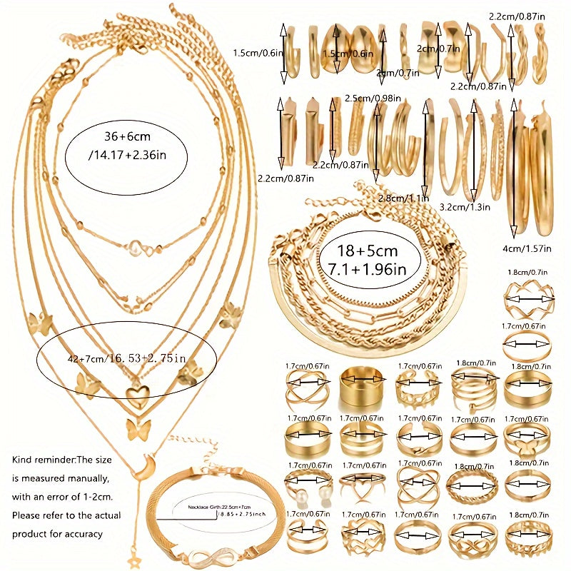 57 Pieces/ Set Golden Necklaces & Rings & Earrings & Bracelets Jewelry Set Elegant Style Delicate Female Gift