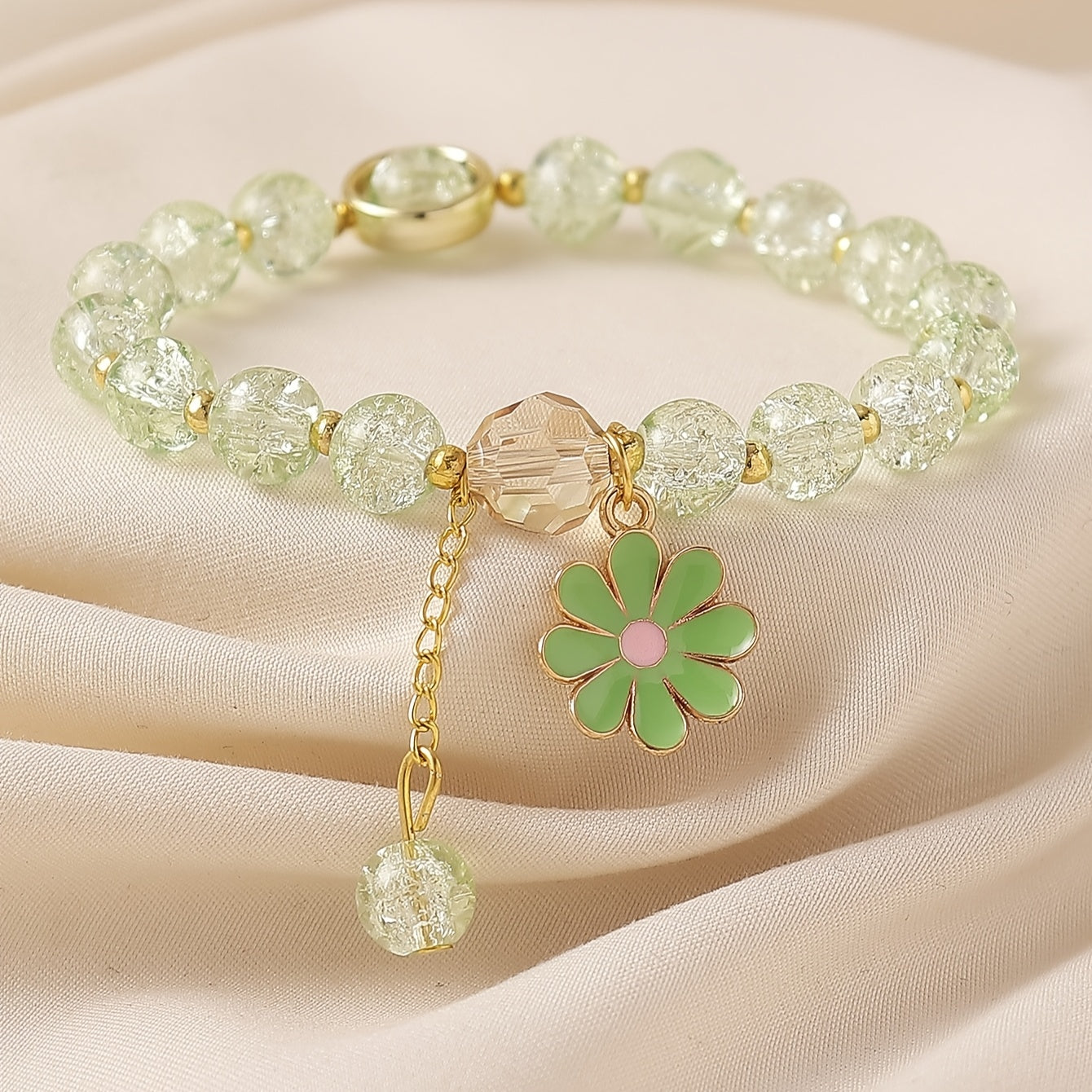 Summer Style Cracked Glass Beaded Daisy Pendant Bracelet Elastic Hand String For Women