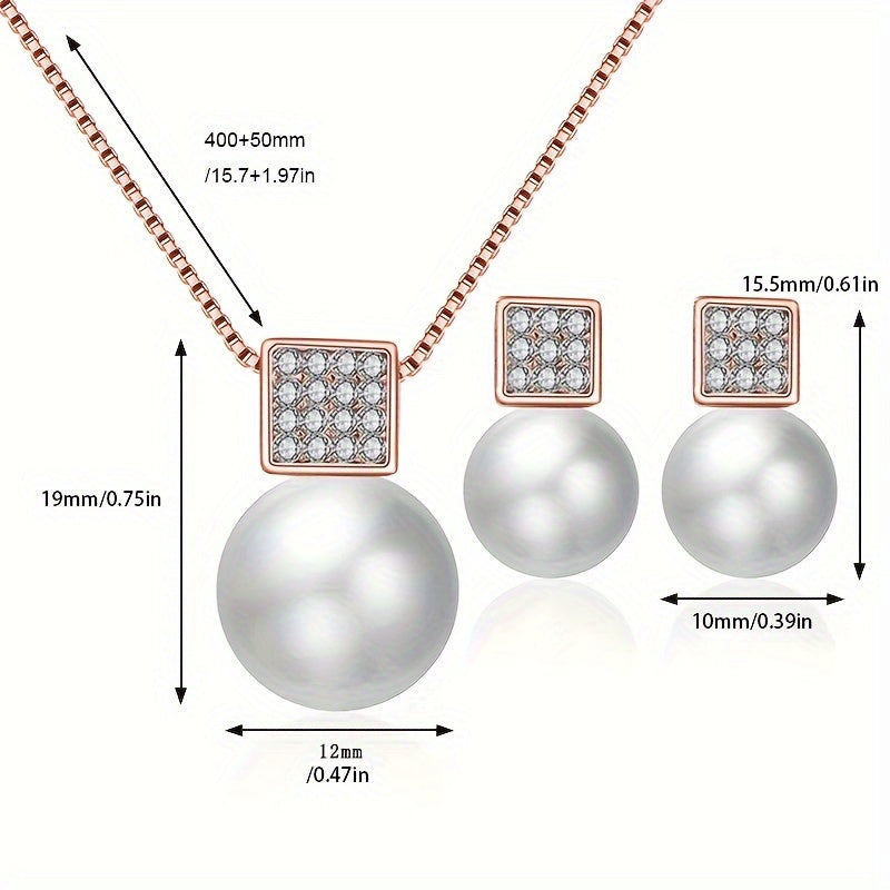 Fashionable Women'S Imitation Pearl Necklace And Earring Jewelry Set, Featuring a Simple Square Rhinestone Pendant And Stud Earrings, Perfect As a Two-Piece Accessory Gift for Birthdays, Parties, Celebrations, And Holidays, I