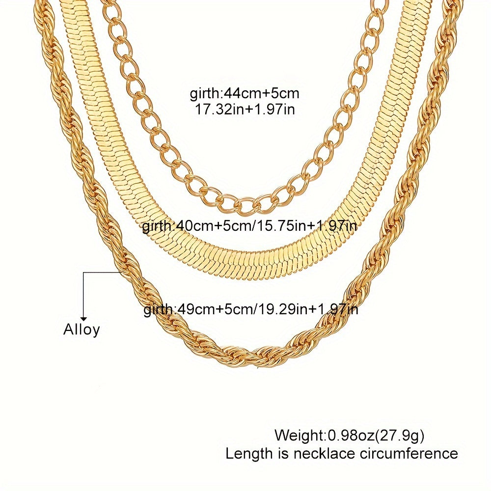 3pcs/set Chain Necklaces For Women, Vintage & Classic Style, Fashion Snake & Rope Chain Jewelry, Layered Statement Accessories