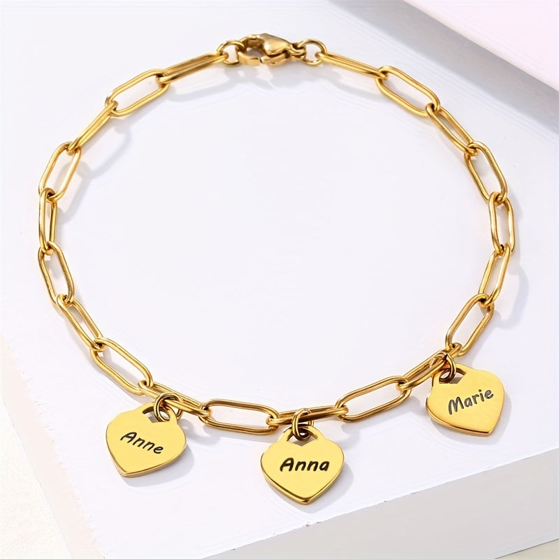 Customized Stainless Steel Square Chain Bracelet With Personalized Name Engraving, Featuring 1-5 Names And A Heart-shaped Golden Pendant, A Stylish Gift For Women's Jewelry.