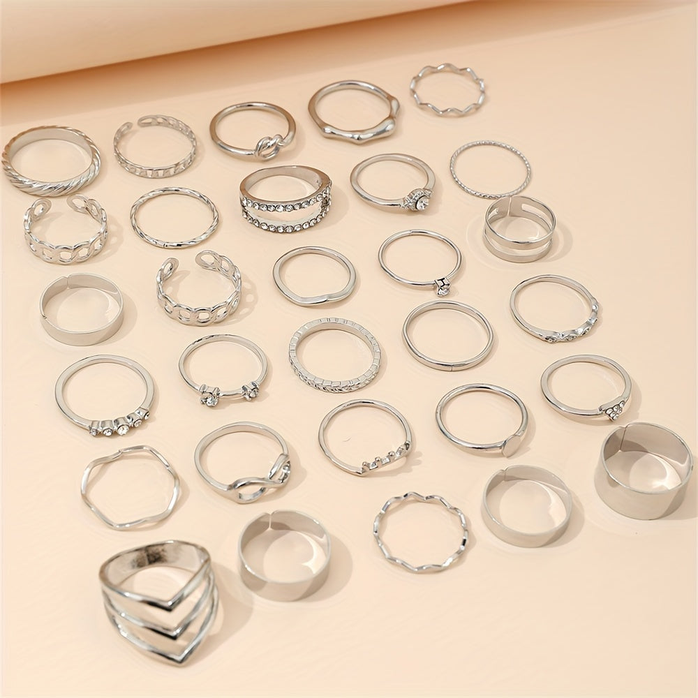 30pcs Hip Hop Style Stacking Rings Trendy Knot/ Chain/ Infinity Design Mix And Match For Daily Outfits Party Accessories Suitable For Men And Women