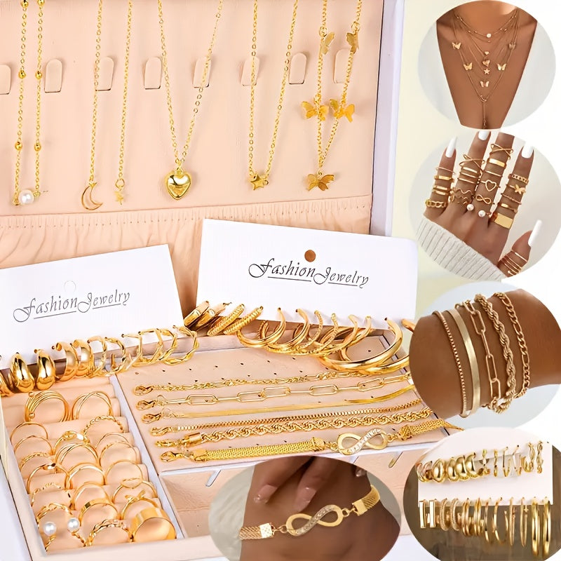57 Pieces/ Set Golden Necklaces & Rings & Earrings & Bracelets Jewelry Set Elegant Style Delicate Female Gift