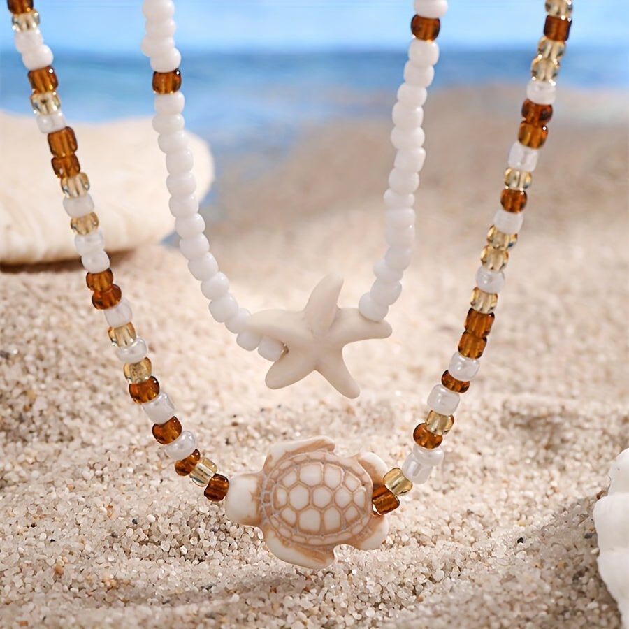 2pcs Starfish & Shell Pendant Necklaces for Girls - Ocean-Inspired Beaded Clavicle Chains, Perfect Beach Accessory