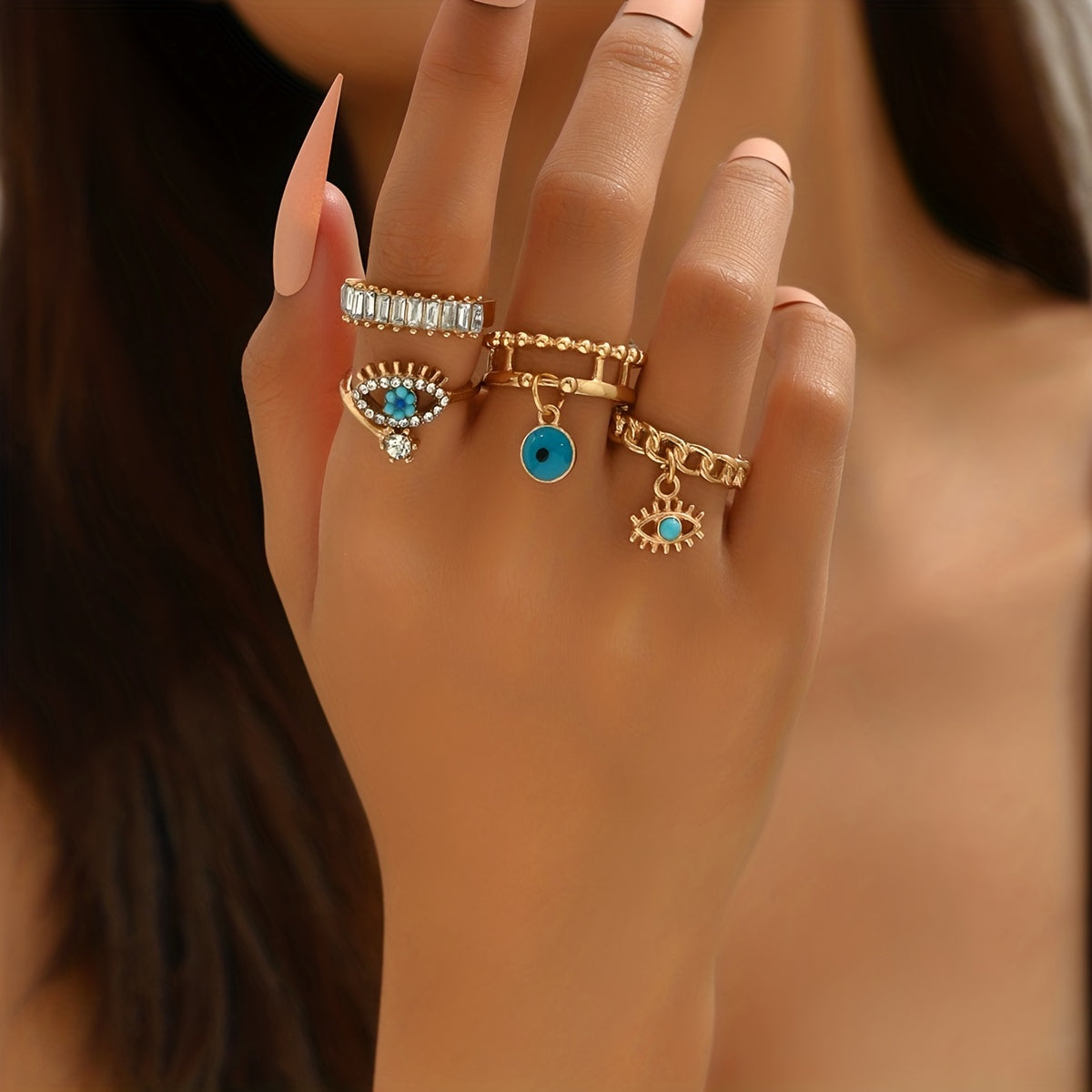 4pcs Punk Style Stacking Rings 14k Plated Trendy Evil Eye Design Inlaid Rectangular Gemstone Match Daily Outfits Party Accessories