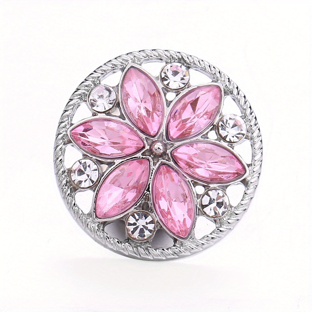 1pc 18mm Alloy Flower Decor Round Snap Button Jewelry Studded With Colorful Rhinestones For DIY Bracelet Necklace And Any Other Accessories, Semi-finished Jewelry Accessories