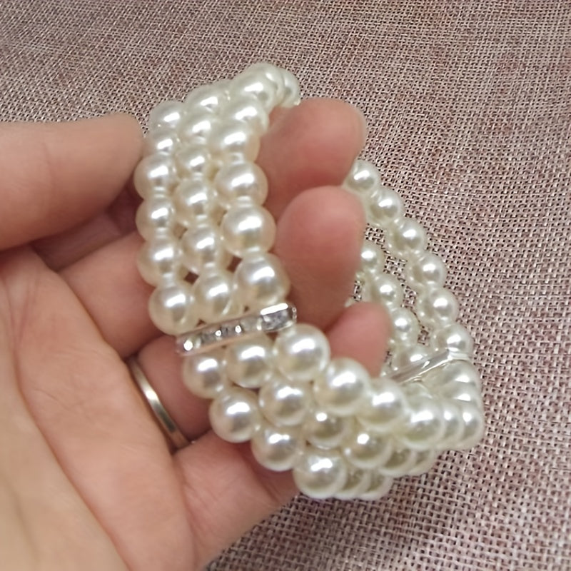 Three Layers Faux Pearls Beaded Bracelet Multi-layer Elastic Bangle Bracelet
