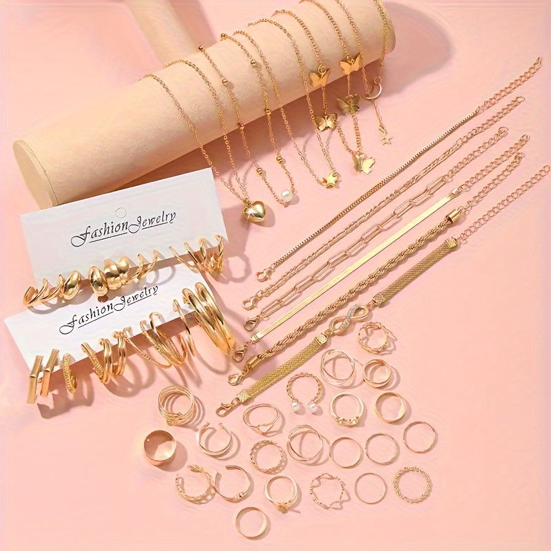 57 Pieces/ Set Golden Necklaces & Rings & Earrings & Bracelets Jewelry Set Elegant Style Delicate Female Gift