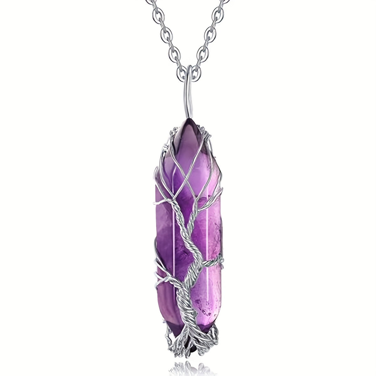 1pc Tree Of Life Wire Wrapped Crystal Point Pendant Necklace, Reiki Healing Crystal Stone Necklaces, Natural Hexagonal Gemstone Quartz Jewelry For Women