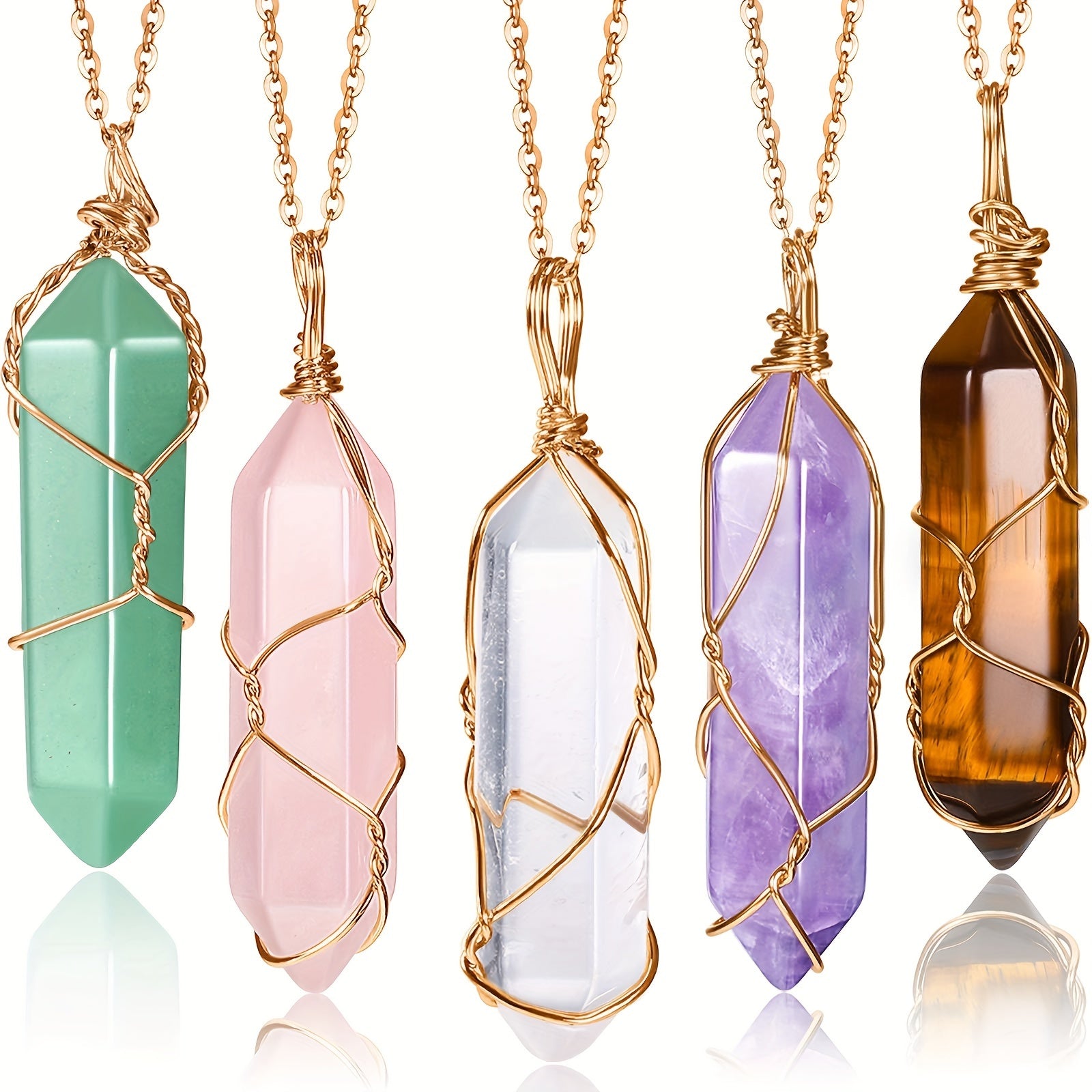 5-Piece Set of Crystal Necklaces - Hexagonal Pendant with Wire Wrapped, Featuring Rose Quartz, Amethyst, Clear Crystal, Green Aventurine, and Yellow Tiger Eye Stones - Unique Handcrafted Jewelry for Women