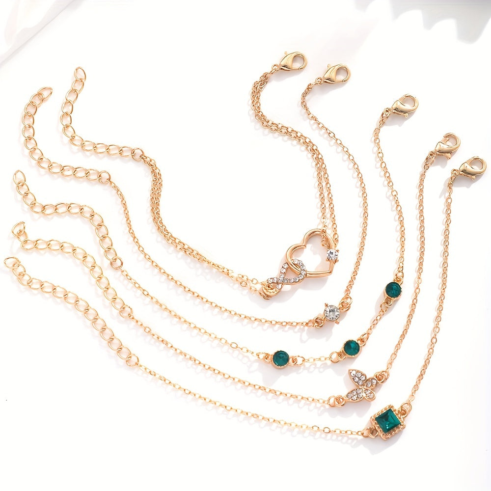 Environmental Protection Retro Elegant Fashion Bracelet Set Love Full Throw Diamond Shining Infinite Symbol Geometry Green Rhinestone Bracelet Set 5pcs