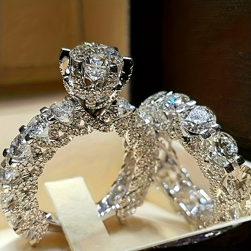 2pcs Shiny Beads Fashion Decor Engagement Rings, Couple Pair Party Wedding Ring Jewelry Gift