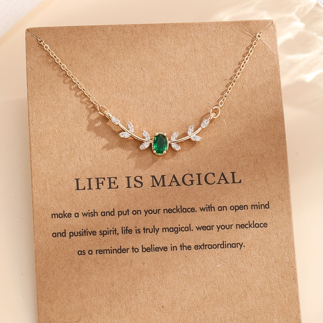 [Copper Leaf Necklace] Golden-Tone Copper Leaf & Branch Necklace with Cubic Zirconia | Elegant Design, Green Gemstone, Ideal Birthday Gift, Daily Wear Jewelry for Women