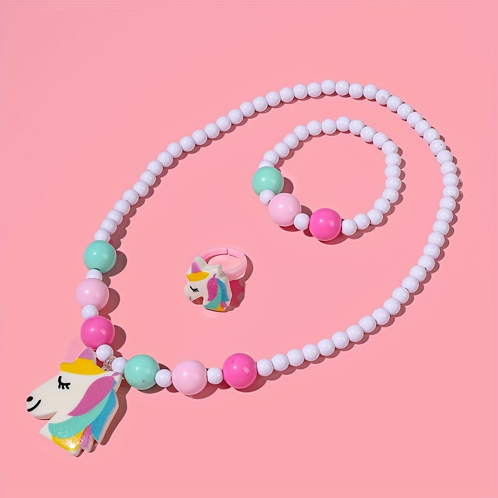 3pcs Whimsical Unicorn Pendant Charm Beaded Necklace and Bracelet Set - Colorful Cartoon Jewelry for Girls - Random Color Selection