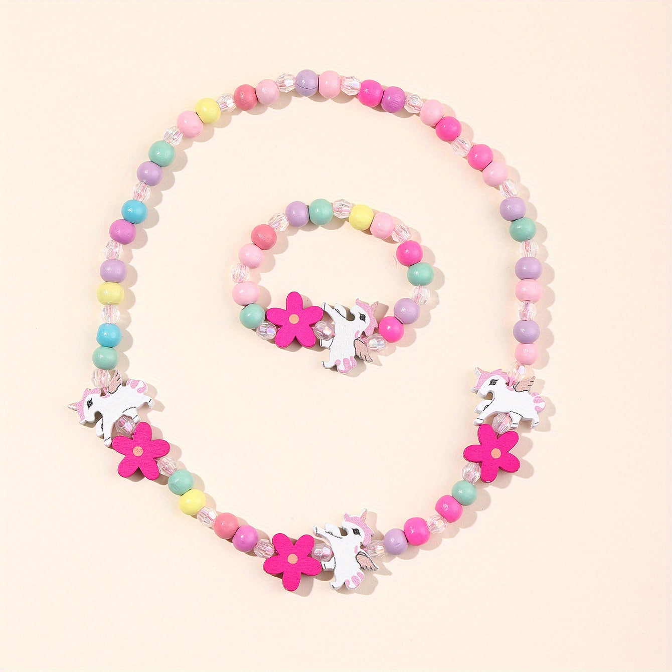2pcs Creative Cute Cartoon Unicorn Mermaid Colorful Beaded Bracelet Necklace Set Decorative Accessories Holiday Birthday Gift For Girls