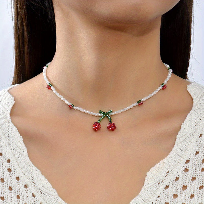 Y2K Bohemian Cherry Bead Necklace with Red & Green Charms - White Bead Chain Summer Jewelry for Women, Casual & Party Accessories, Everyday Accessory, Colorful Accents