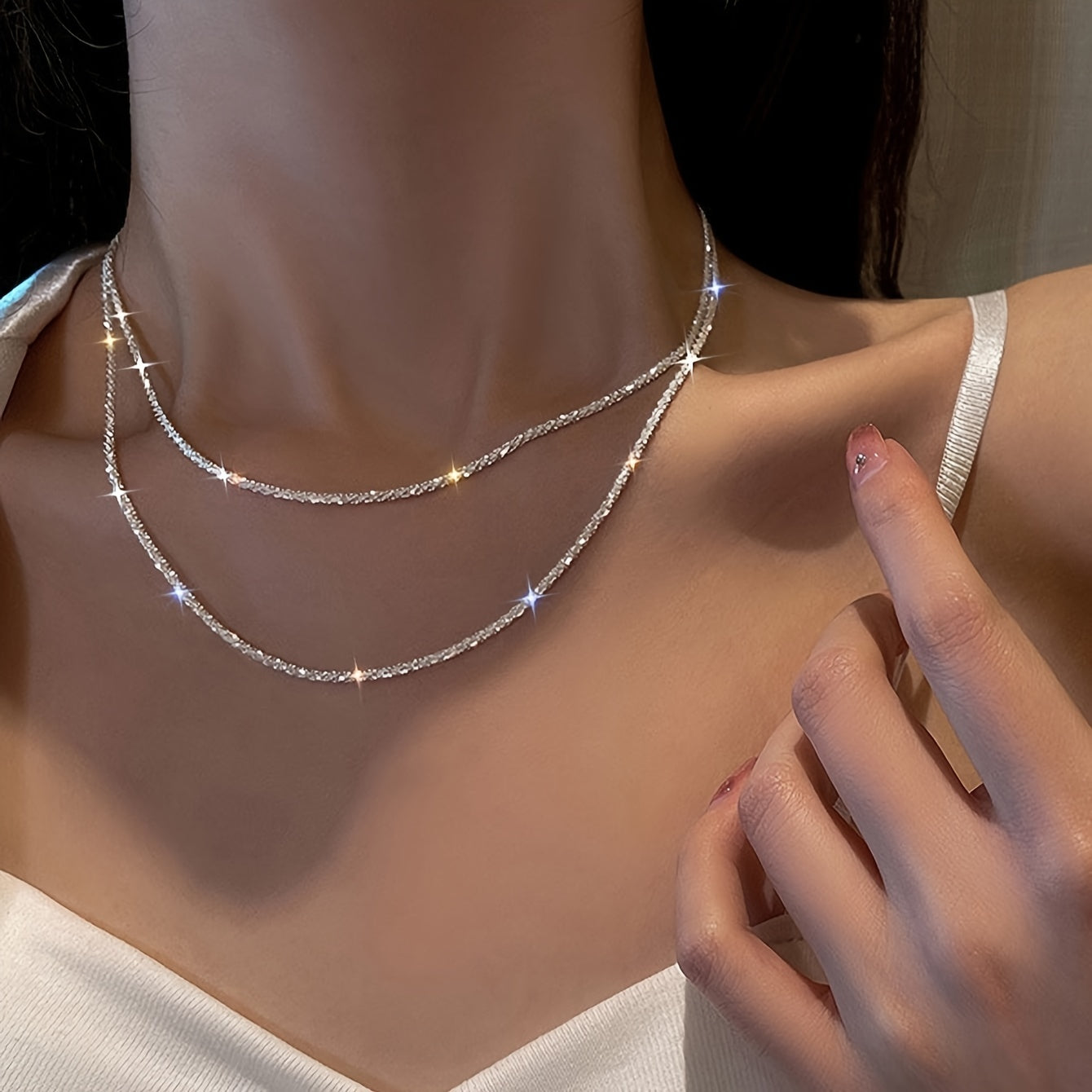 2pcs Elegant Sparkling Chain Necklaces, Luxury Bridal Wedding Jewelry, Silver Plated Copper, Perfect for Parties & Daily Wear, Ideal Valentine'S Day Gift, Versatile Necklace | Elegant Necklace | Delicate Desig