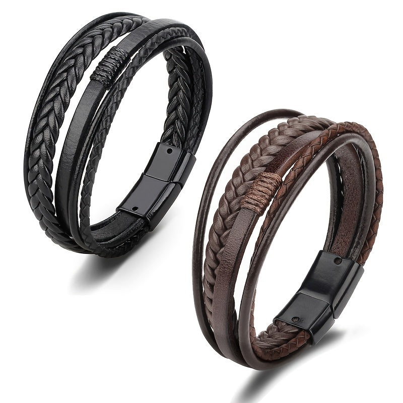 [Stylish Leather Bracelet] Stylish Durable 1pc Men's Hand-Woven Multi-Layer Leather Bracelet | with Buckle Closure, Versatile Accessory for Casual or Formal Wear