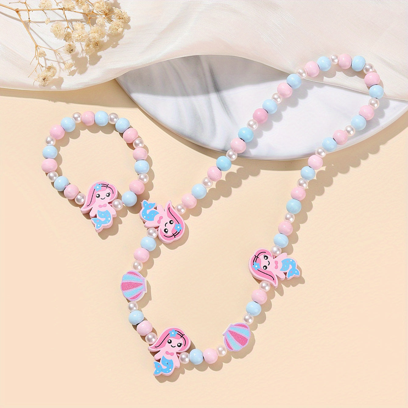 2pcs Creative Cute Cartoon Unicorn Mermaid Colorful Beaded Bracelet Necklace Set Decorative Accessories Holiday Birthday Gift For Girls