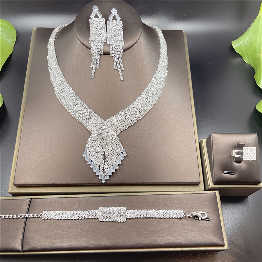 Luxurious And Romantic Jewelry Set Of 4 Fashionable Exquisite Shiny Necklaces, Earrings, Rings, And Bracelets For Middle Eastern-themed Weddings And Parties.