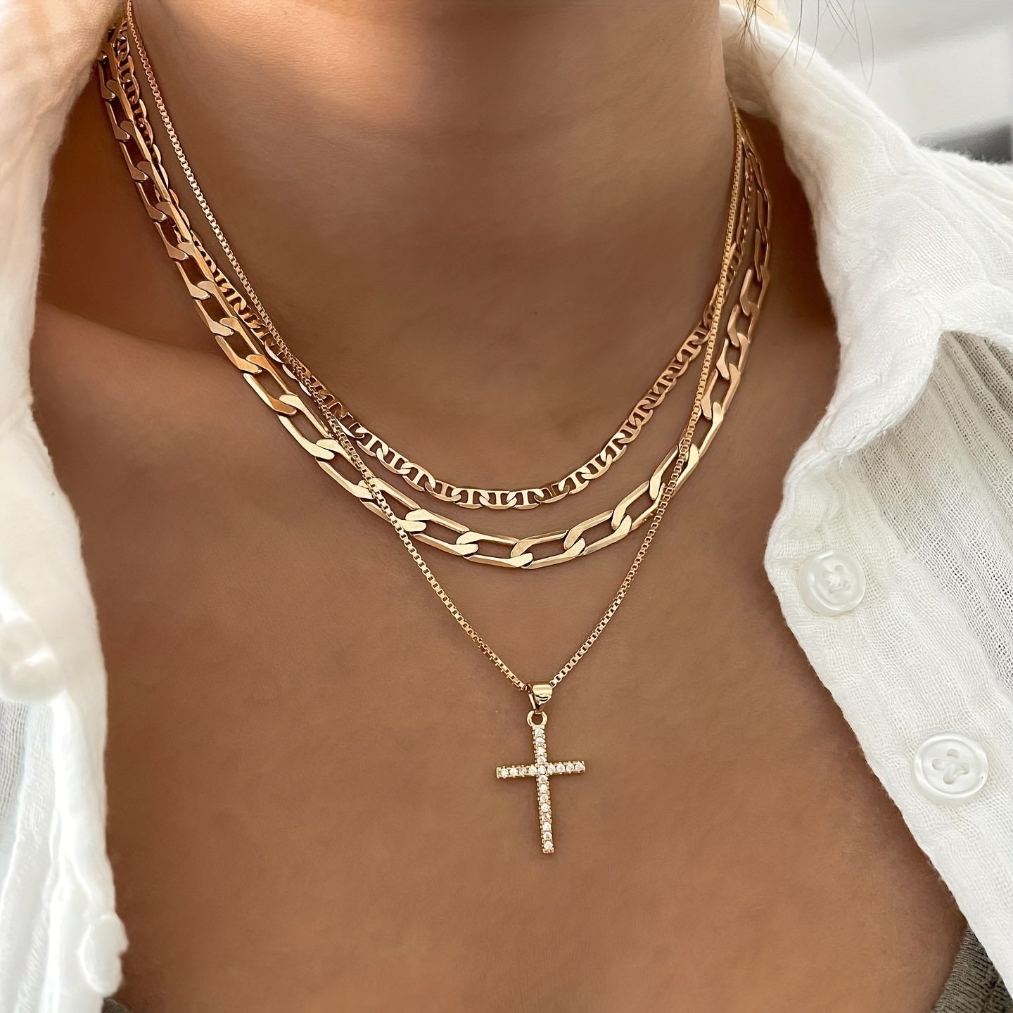 3-Piece Set of Women's Retro Luxury Artificial Crystal Cross Necklaces - Stackable, Trendy, and Elegant Accessories for Any Occasion - Perfect Gift Idea