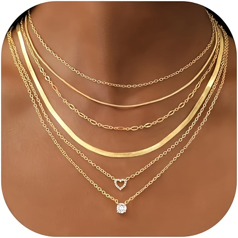 6pcs Golden Chokers Necklace Set For Women Girls, Pendant Necklace, Trendy Dainty Snake Chain Layered Necklaces For Jewelry Gifts