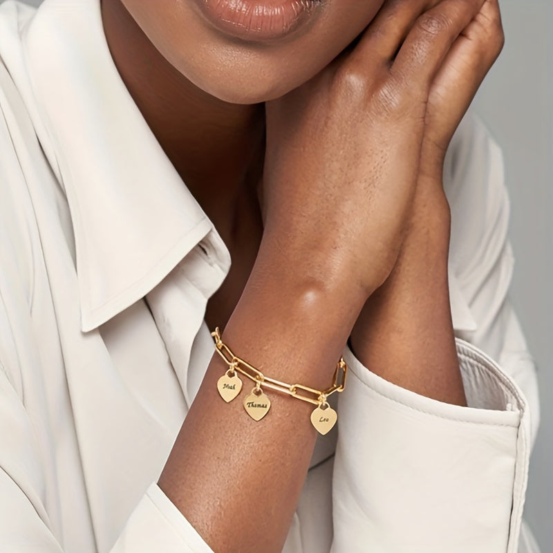 Customized Stainless Steel Square Chain Bracelet With Personalized Name Engraving, Featuring 1-5 Names And A Heart-shaped Golden Pendant, A Stylish Gift For Women's Jewelry.