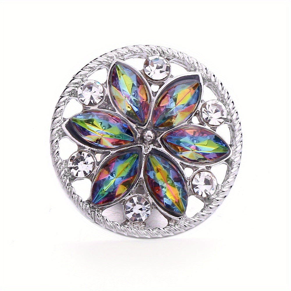 1pc 18mm Alloy Flower Decor Round Snap Button Jewelry Studded With Colorful Rhinestones For DIY Bracelet Necklace And Any Other Accessories, Semi-finished Jewelry Accessories