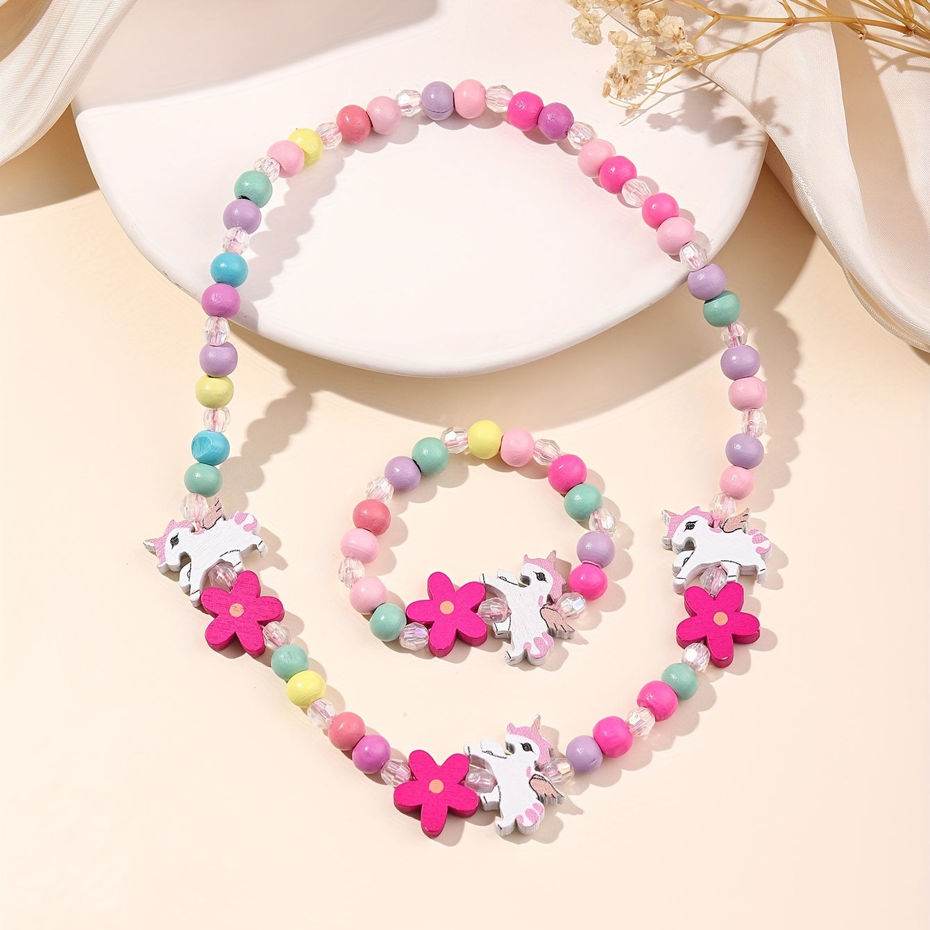 2pcs Creative Cute Cartoon Unicorn Mermaid Colorful Beaded Bracelet Necklace Set Decorative Accessories Holiday Birthday Gift For Girls