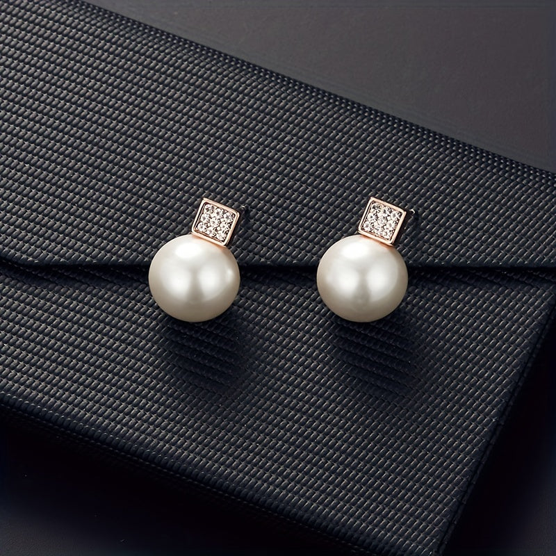 Fashionable Women'S Imitation Pearl Necklace And Earring Jewelry Set, Featuring a Simple Square Rhinestone Pendant And Stud Earrings, Perfect As a Two-Piece Accessory Gift for Birthdays, Parties, Celebrations, And Holidays, I