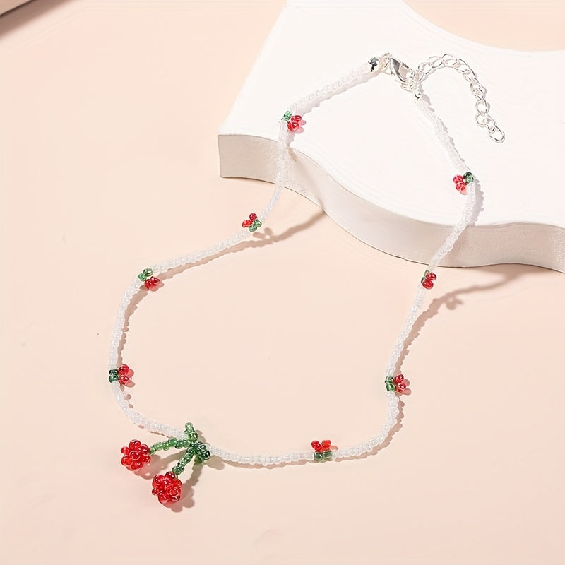 Y2K Bohemian Cherry Bead Necklace with Red & Green Charms - White Bead Chain Summer Jewelry for Women, Casual & Party Accessories, Everyday Accessory, Colorful Accents