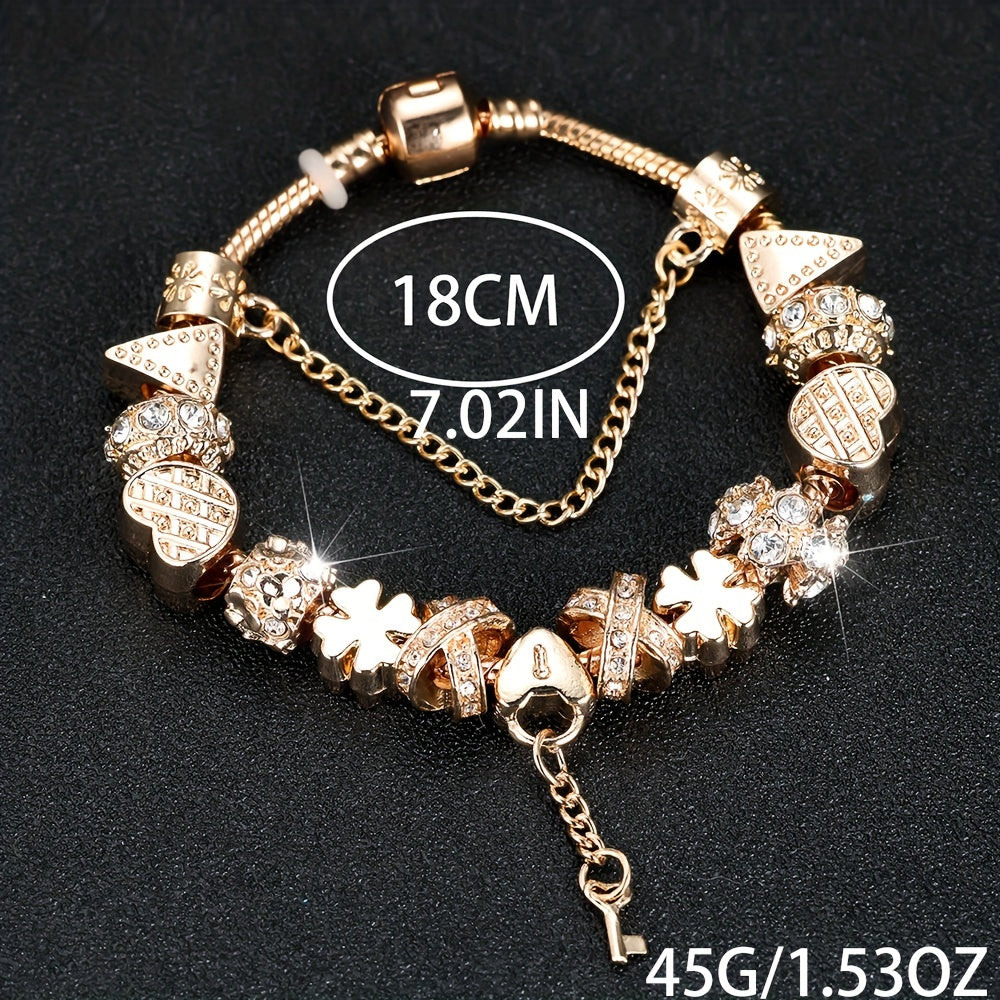 Gorgeous Golden Snowflower Bead Bracelet with Heart-Shaped Key Pendant - Perfect Valentine's Gift for Someone Special!