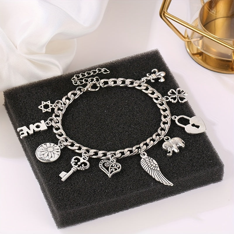 Retro Antique Silver Color Medicine Key Heart Wing Lock Buckle Bracelet Female Silver Plated Hand Accessories