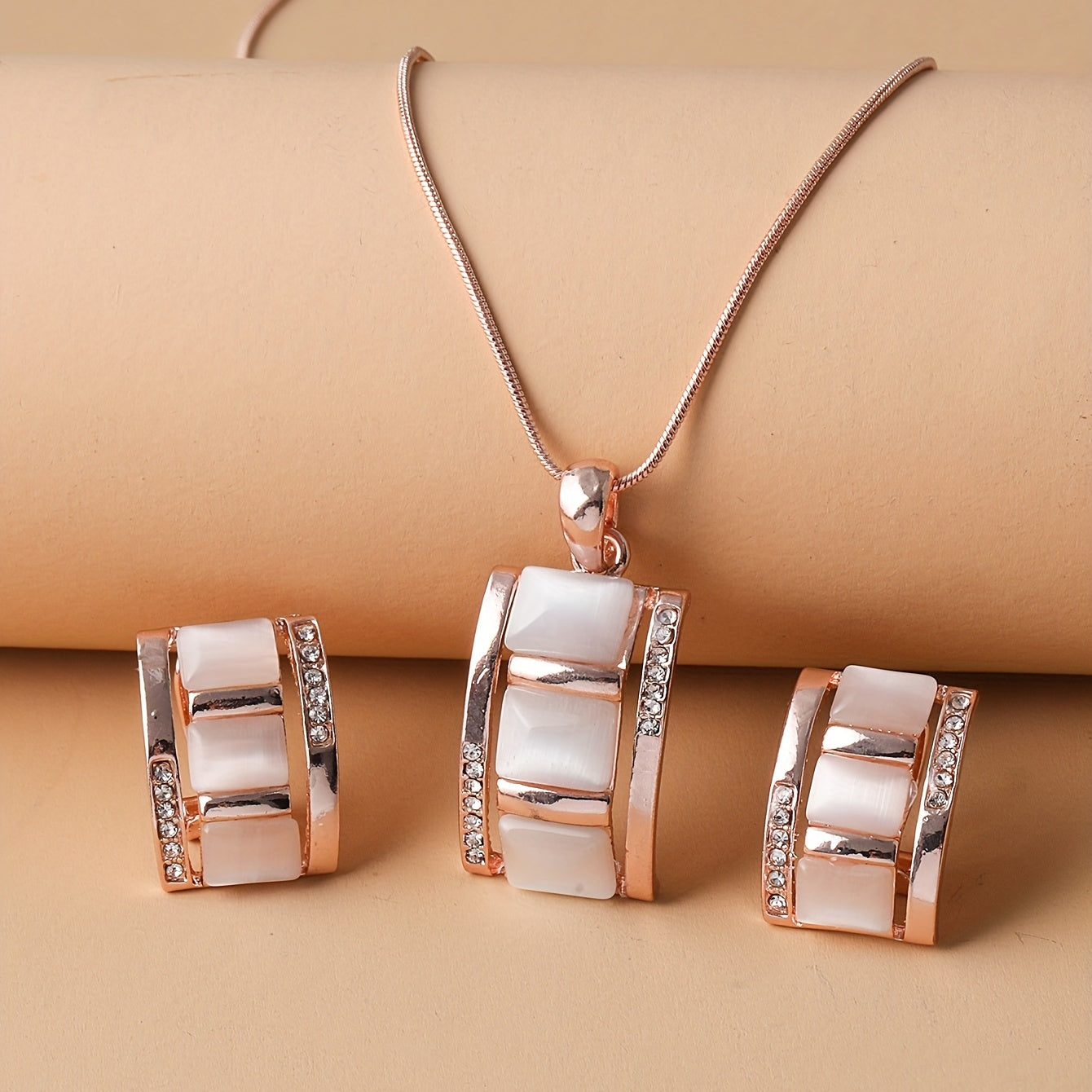 Ladies' Exquisite Rectangular Opal Necklace & Earrings Jewelry Set - Sparkling Rhinestone Imitation Gemstone Pendant, Stud Earrings, Dazzling Birthday Party Accessory, Ideal Gift for Her